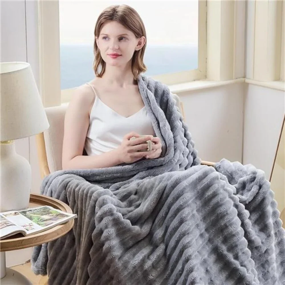 Super Soft Throw Blanket Lavender Ribbed Premium Silky Flannel Fleece 50